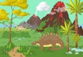 Prehistoric era scene with dinosaurs roaming near active volcanoes, palm trees, vector illustration. Jurassic landscape.