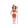Prehistoric Girl Standing with Spear, Primitive Stone Age Cavewoman Cartoon Character Vector Illustration