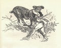 A prehistoric hunter, struggles with an elk calf. Old black and white illustration. Vintage drawing. Illustration by