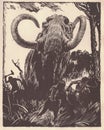 Prehistoric hunters hunt the great mammoth. Old black and white illustration. Vintage drawing. Illustration by