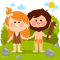 Prehistoric landscape with cavemen. Vector illustration