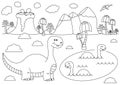 Prehistoric landscape with funny cartoon dinosaurs - Brontosaurus in the water Royalty Free Stock Photo