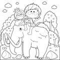 Prehistoric landscape with children riding a mammoth. Vector black and white coloring page.