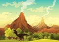 Prehistoric landscape - volcano with smoke, mountains, dinosaurs and green vegetation. Vector illustration of beautiful