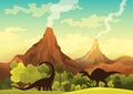 Prehistoric landscape - volcano with smoke, mountains, dinosaurs and green vegetation. Vector illustration of beautiful