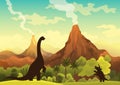 Prehistoric landscape - volcano with smoke, mountains, dinosaurs and green vegetation. Vector illustration of beautiful