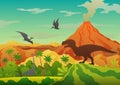 Prehistoric landscape - volcano with smoke, mountains, dinosaurs and green vegetation. Vector illustration of beautiful