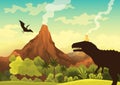 Prehistoric landscape - volcano with smoke, mountains, dinosaurs and green vegetation. Vector illustration of beautiful