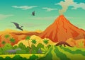 Prehistoric landscape - volcano with smoke, mountains, dinosaurs and green vegetation. Vector illustration of beautiful