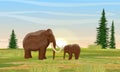 Prehistoric mammoth and cub on plain with firs and grass.