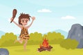 Prehistoric man with cudgel jumping near bonfire. Cavemen primitive prehistoric character cartoon vector