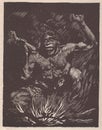 Prehistoric man by the fire. Old black and white illustration. Vintage drawing. Illustration by Zdenek Burian