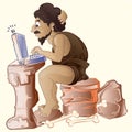 Prehistoric man operating laptop Royalty Free Stock Photo