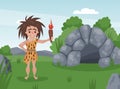 Prehistoric man standing with torch near cave. Cavemen primitive prehistoric character cartoon vector