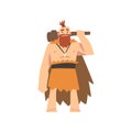 Prehistoric Muscular Bearded Man Wearing Animal Pelt, Primitive Stone Age Caveman Cartoon Character with Club Vector