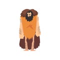 Prehistoric Muscular Bearded Man Wearing Animal Pelt, Primitive Stone Age Caveman Cartoon Character Vector Illustration