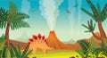 Prehistoric nature landscape - volcanoes, dinosaurs, plants.