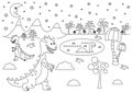 Prehistoric night landscape with funny cartoon dinosaurs - Tyrannosaurus and Brontosaurus