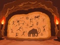 Prehistoric painting. Primitive drawing on stone wall of cave, ancient symbols of hunters, animals and ornamental Royalty Free Stock Photo