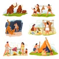 Prehistoric people. Ancient family characters, caveman with primitive weapon mammoth hunting, wild tribe life stone age