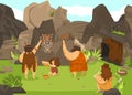Prehistoric people drawing on rock, stone age cavemen and cute child in primitive tribe, vector illustration