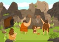 Prehistoric people drawing on rock, stone age cavemen and cute child in primitive tribe, vector illustration