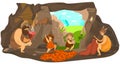 Prehistoric people family, happy primitive children playing, stone age parents live in cave, vector illustration