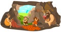 Prehistoric people family, happy primitive children playing, stone age parents live in cave, vector illustration