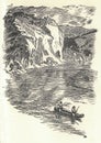 Prehistoric people float in a canoe. Old black and white illustration. Vintage drawing. Illustration by Zdenek