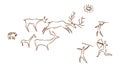 Prehistoric people hunt deer cave paintings. Primitive hunters with bows arrows in light sun and with help dog.