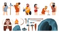 prehistoric period. caveman characters male and female hunting and preparing food barbarian aggressive person. Vector