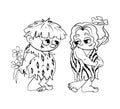 Prehistoric primitive man gives chamomile flowers to a primitive girl.Comic book characters in black and white cartoon