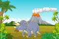 Prehistoric scene with triceratops cartoon and volcano