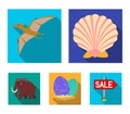 Prehistoric shell, dinosaur eggs,pterodactyl, mammoth. Dinosaur and prehistoric period set collection icons in flat Royalty Free Stock Photo