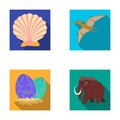 Prehistoric shell, dinosaur eggs,pterodactyl, mammoth. Dinosaur and prehistoric period set collection icons in flat Royalty Free Stock Photo