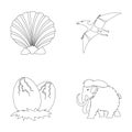 Prehistoric shell, dinosaur eggs,pterodactyl, mammoth. Dinosaur and prehistoric period set collection icons in outline Royalty Free Stock Photo