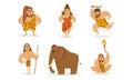 Prehistoric Stone Age Set, Primitive Men and Woman with Weapon, Mammoth Vector Illustration