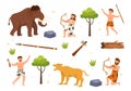 Prehistoric Stone Age Tribes Hunting Large Animals with Weapon in Flat Cartoon Hand Drawing Template Illustration