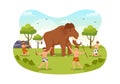 Prehistoric Stone Age Tribes Hunting Large Animals with Weapon in Flat Cartoon Hand Drawing Template Illustration