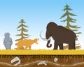 Prehistoric tiger attack ancient mammoth, character animal bite flat vector illustration. Wildlife nature beast predator Royalty Free Stock Photo