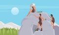 Prehistoric tribe of stone age people, caveman climbing rock, cute woman in animal skin