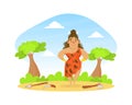 Prehistoric Woman in Animal Skin Standing on Stone Age Natural Landscape, Primitive Tools Lying on Ground in front of