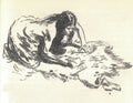 A prehistoric woman cleans the skin of an animal. Old black and white illustration. Vintage drawing. Illustration by