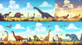 Prehistory portal, paleontology study, exhibition service, dinosaur virtual park cartoon posters set. Educational