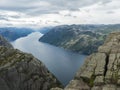 Preikestolen massive cliff at fjord Lysefjord, famous Norway viewpoint, no people.Moody autumn day. Nature and travel