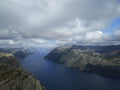 Preikestolen or Pulpit Rock. Top view of a giant cliff 604 m high above the Lysefjord, Norway. View Royalty Free Stock Photo