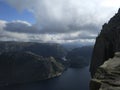 Preikestolen or Pulpit Rock. Top view of a giant cliff 604 m high above the Lysefjord, Norway. View