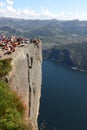 Preikestolen rock cliff at fjord with tourists