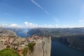 Preikestolen rock cliff at fjord with visitors hik