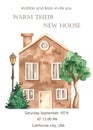 Watercolor card with old houses, tree, housewarming invitation Royalty Free Stock Photo